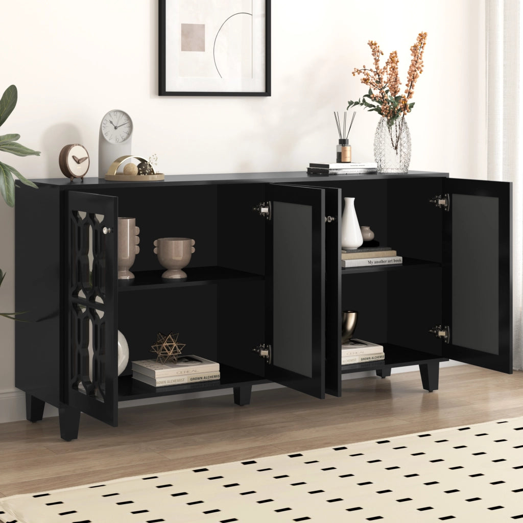 Credenza con 4 Ante e 2 Ripiani Regolabili; Frontali a Specchio; in MDF; Nero; 160??40??84 cm