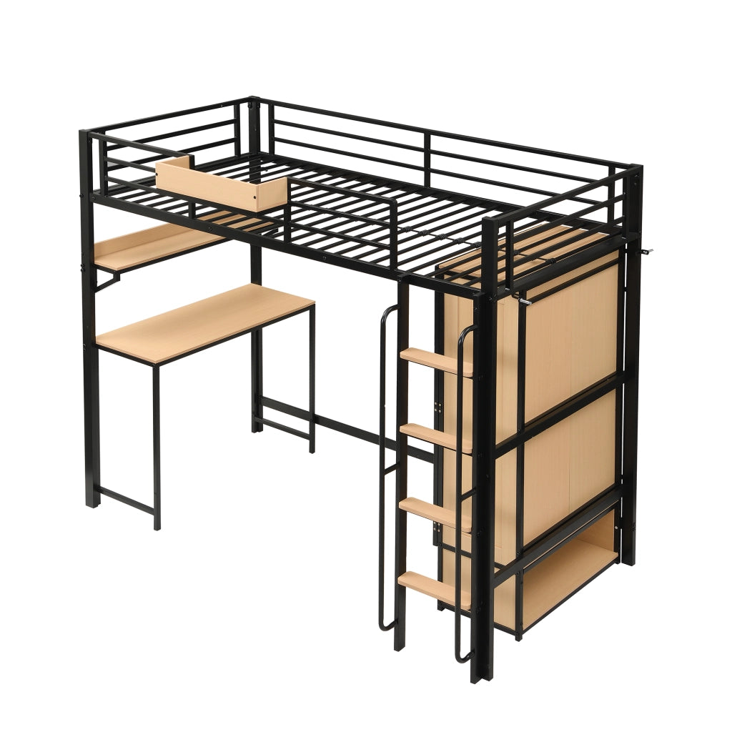 Letto a Soppalco 90x200 cm - Armadio a 2 Ante; Scrivania; Scaffale e Scala - Nero