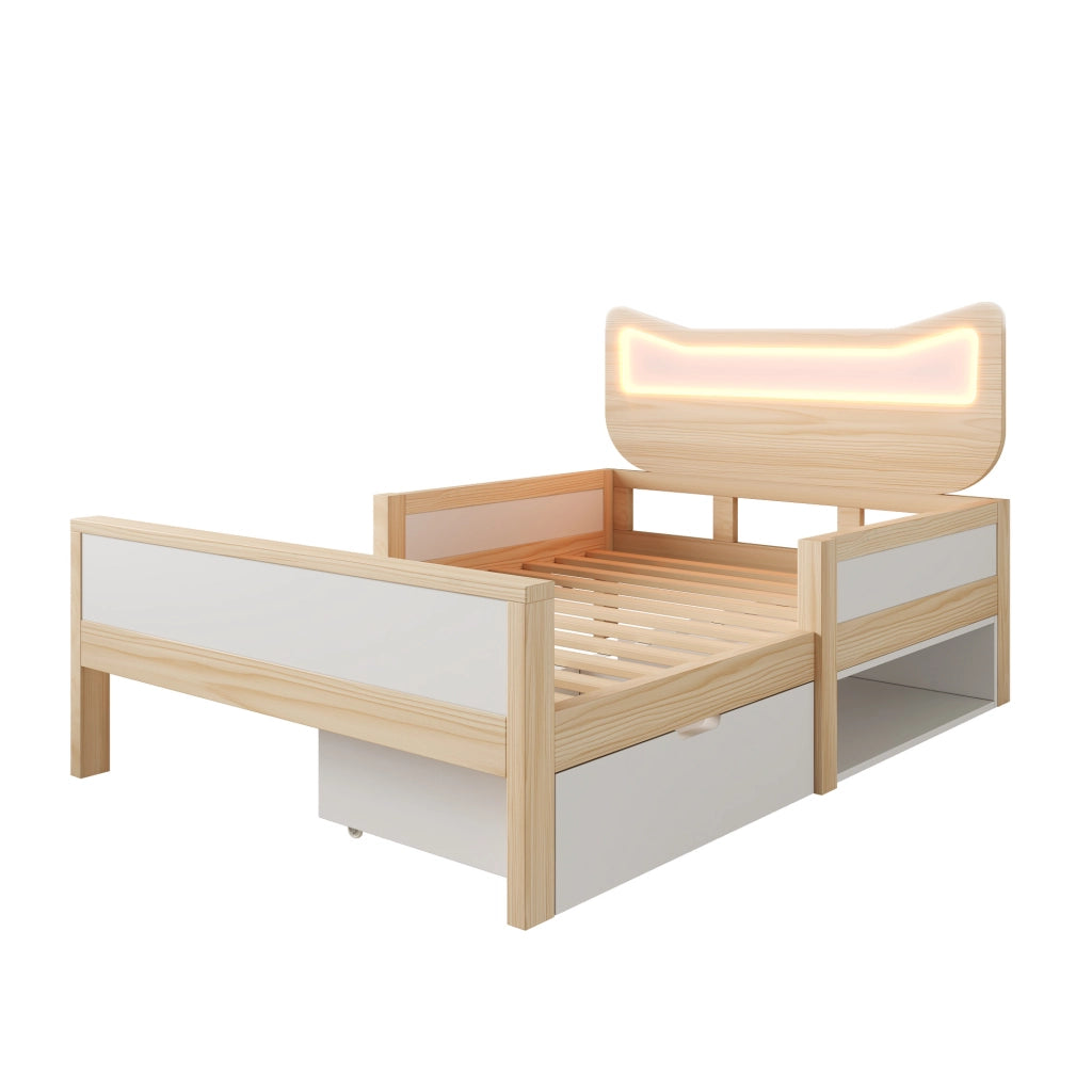 Letto per bambini 90x200 cm con LED; cassetto e vano contenitore; legno bianco e rovere