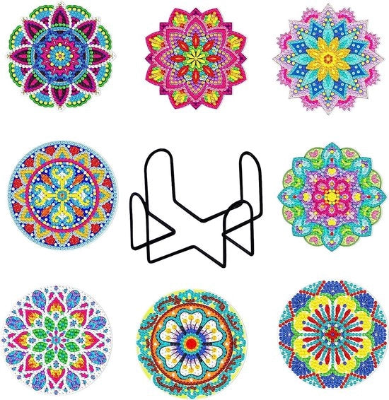 8 sottoscrivi diamantati con supporto Mandala 5D da assemblare per bicchieri con diamante sottoscrivi mozaico diamantato per bicchieri con design mandala sottoscrivi per bicchieri con diamante per decorazione artistica per uso casalingo.