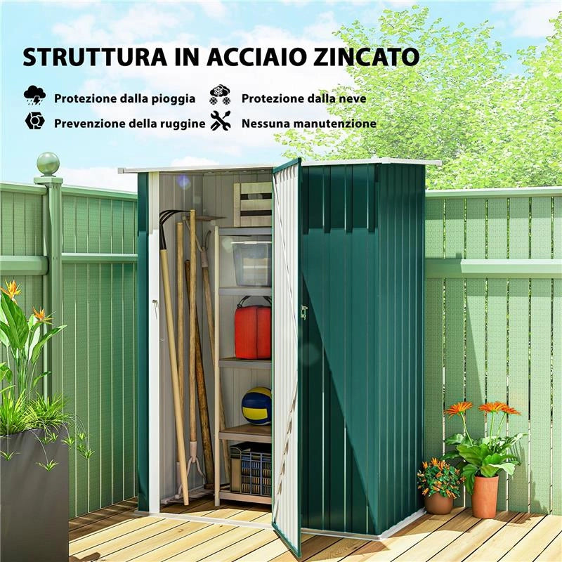 CAPANNO PORTA ATTREZZI IN METALLO CON TETTO INCLINATO E PORTA BLOCCABILE, 142X86X189 CM, VERDE