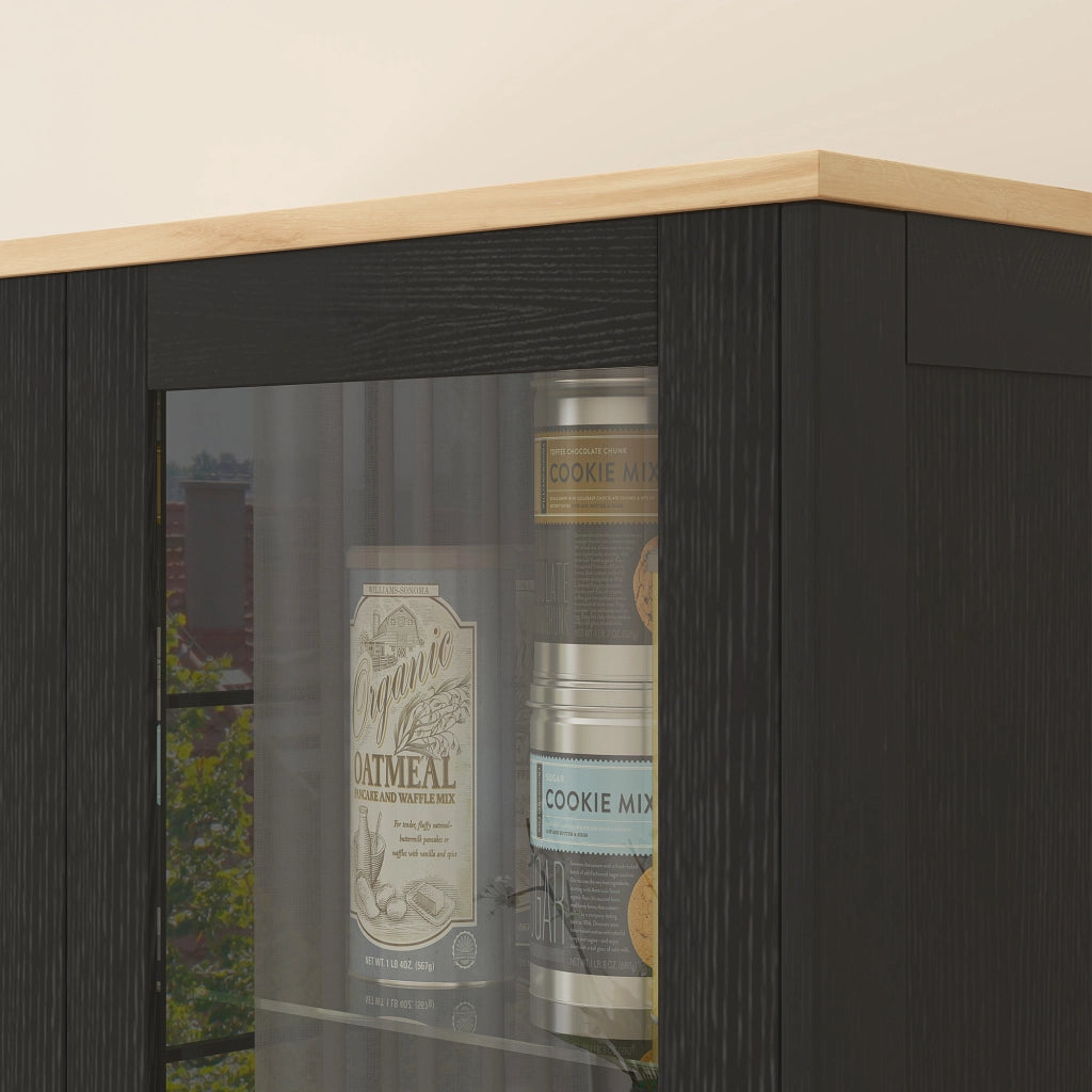 Armadio Dispensa con Ante in Vetro ¨C Minimal ¨C Nero e Legno 76x36x160 cm
