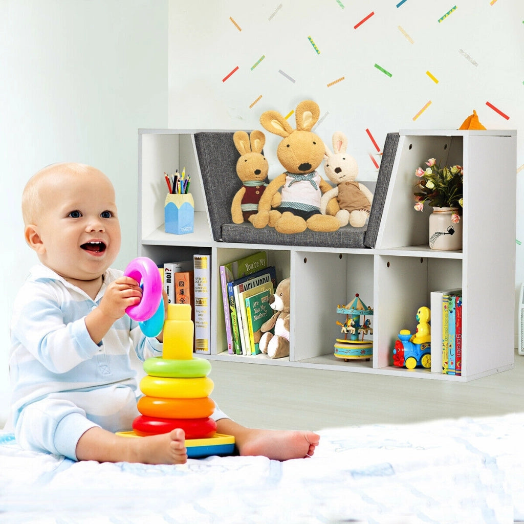 Scaffale per libri in legno Libreria con 6 box scomparti e una sedia per bambini Bianco