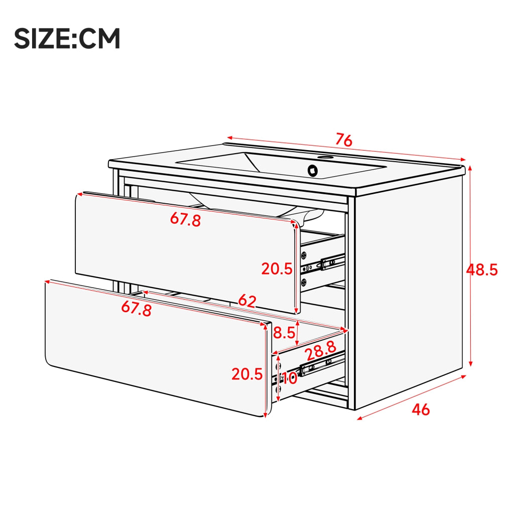Mobile Bagno Sospeso con Lavabo Integrato e LED ¨C MINIMAL ¨C Bianco, 2 Cassetti, 76x46x48.5cm