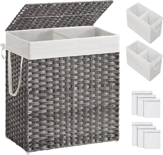 Wastebasket 110 litri con coperchio e 2 cassetti – Rotan sintetico a mano per camera da letto e bagno