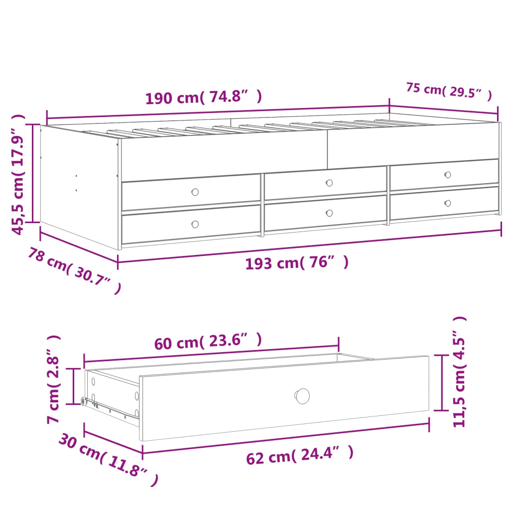 Divano Letto con Cassetti senza Materasso Rovere Fumo 75x190 cm