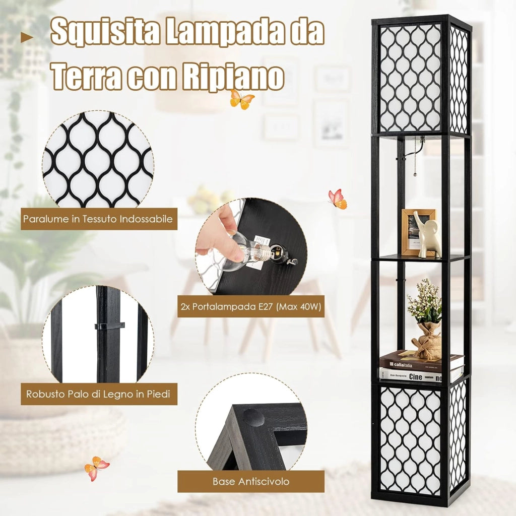 Lampada da Terra Design e Vintage, Lampada a Stelo da Terra con 2 Ripiani, Ideale per Camera da Letto, Soggiorno e Ufficio, 26 x 26 x 156 cm, Nero