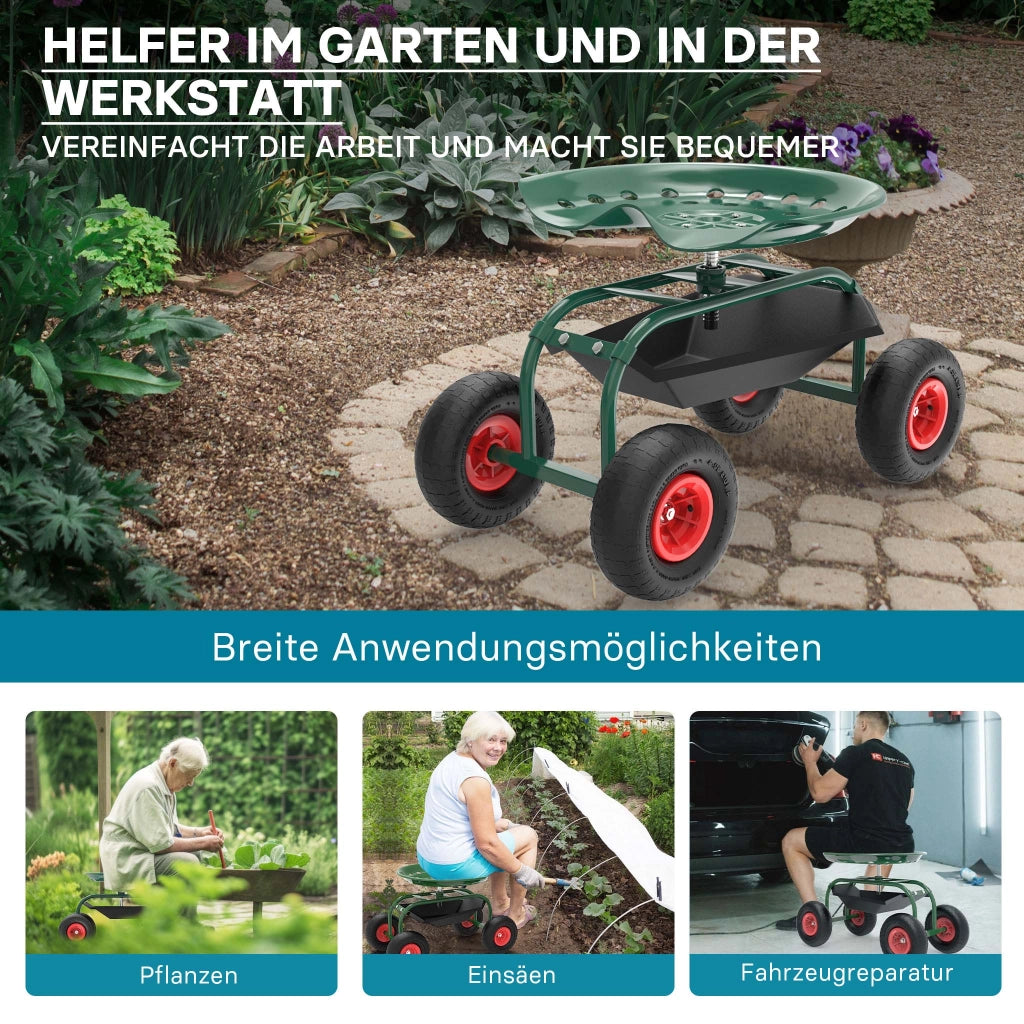 Sgabello da giardinaggio e officina con ruote e porta oggetti , sgabello a carrello, portata 150 kg