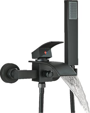 "ROSA" | Rubinetto per vasca da bagno a cascata Doccia nera|Acciaio inossidabile include doccetta e supporto|Set completo termostato vasca miscelatore