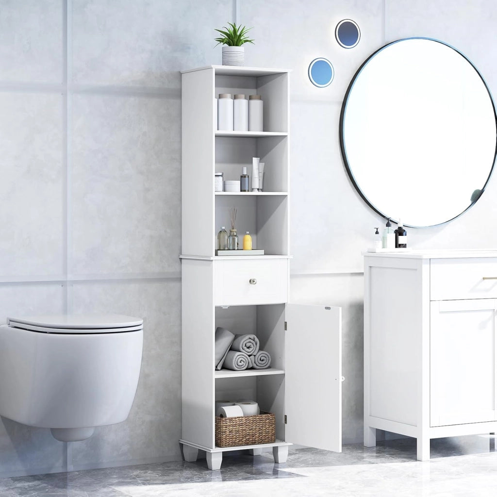 Mobile alto 172 cm, armadio da bagno sottile con 3 ripiani aperti, 1 cassetto, 1 anta e ripiano regolabile, 40 x 30 cm, mobile da bagno indipendente per cucina e soggiorno