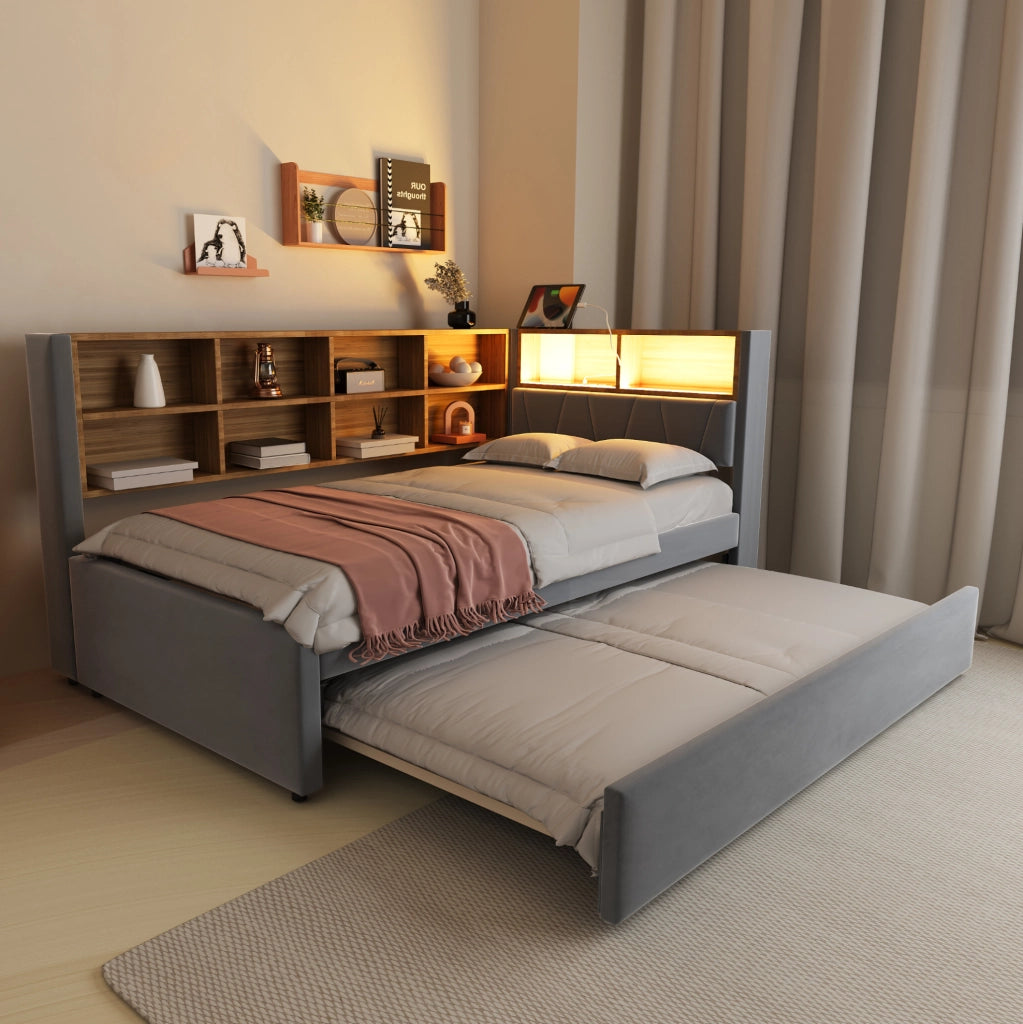 Divano letto 90x200 cm con letto estraibile e luci LED; flanella; grigio scuro