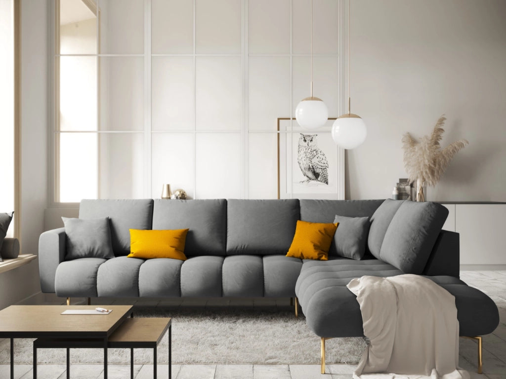 Cosmopolitan Design - Divano angolare destro "Hastings" 5 posti in velluto grigio 