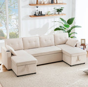Divano letto a U 4 posti beige effetto lino con contenitori, portabicchieri e cuscini inclusi