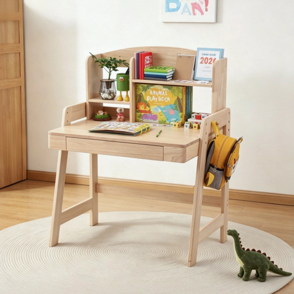 Scrivania lineare per bambini da 6 anni con altezza regolabile, cassetto, vano contenitore e gancio, in legno naturale