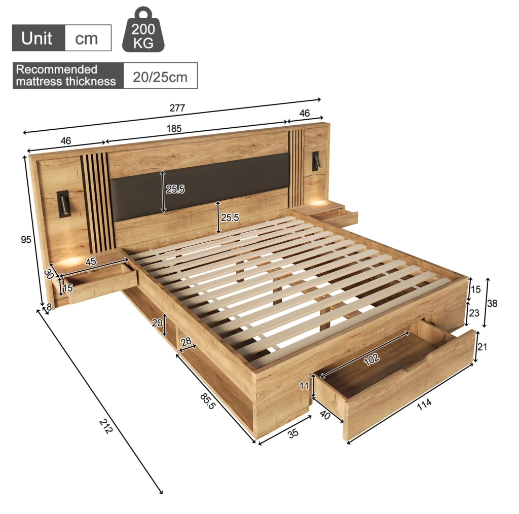 Letto matrimoniale 180x200 cm con contenitore; 2 comodini; luci orientabili; MDF; naturale