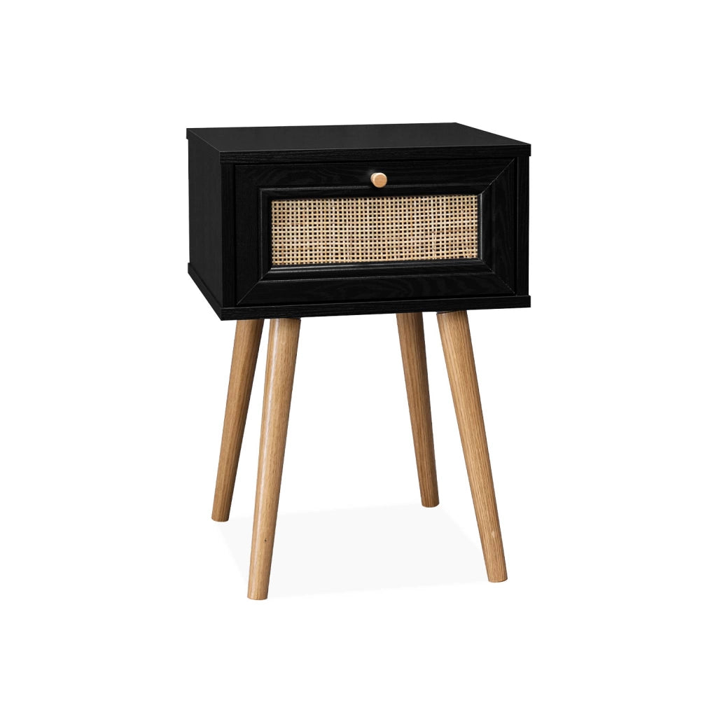 Comodino effetto legno e intrecciatura cannage, 1 cassetto, nero