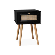 Comodino effetto legno e intrecciatura cannage, 1 cassetto, nero