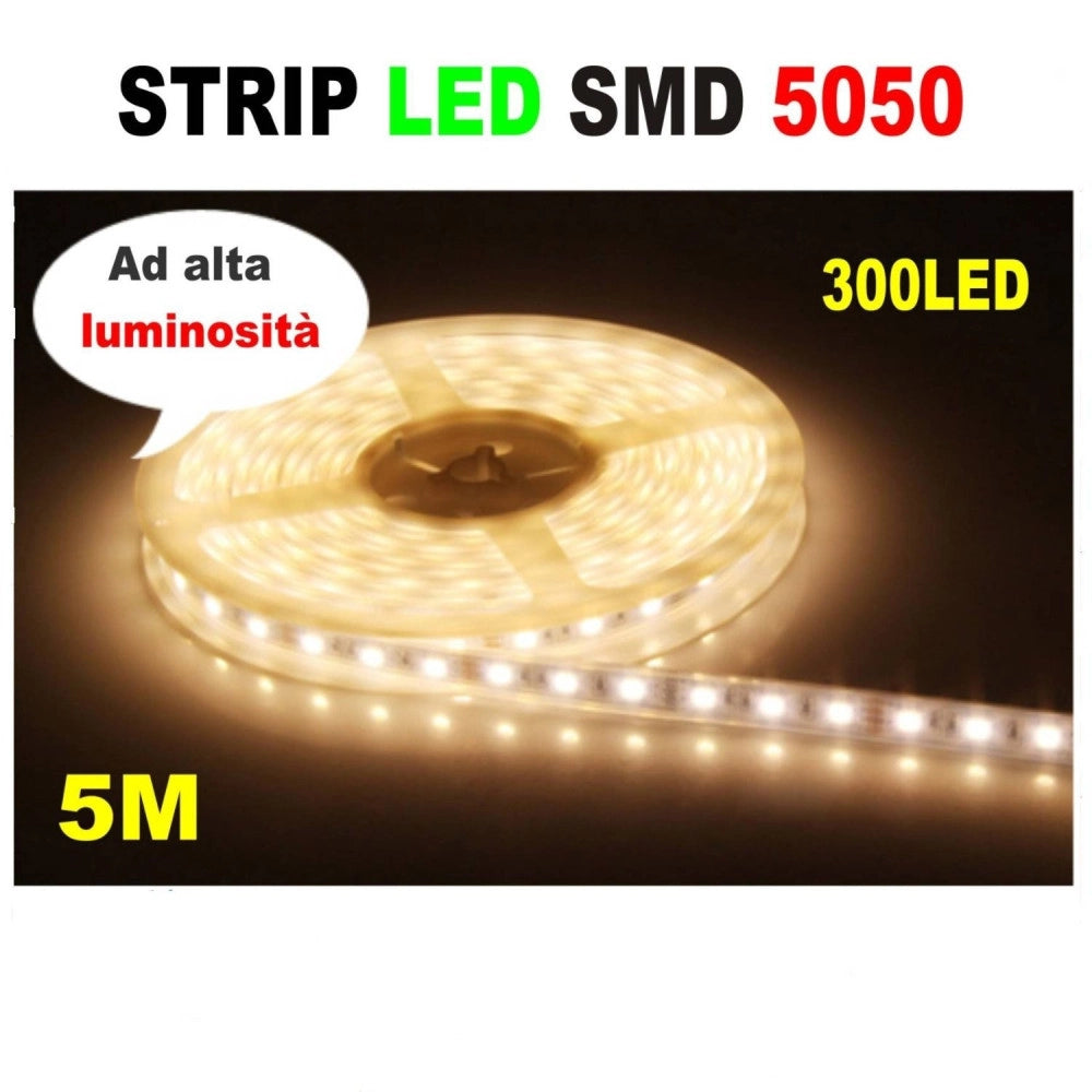 Trade Shop - Striscia Strip Led Resistente All'acqua - 5 Metri - Smd5050 Bianco Caldo - 300 L -     -5 Ampere  -
