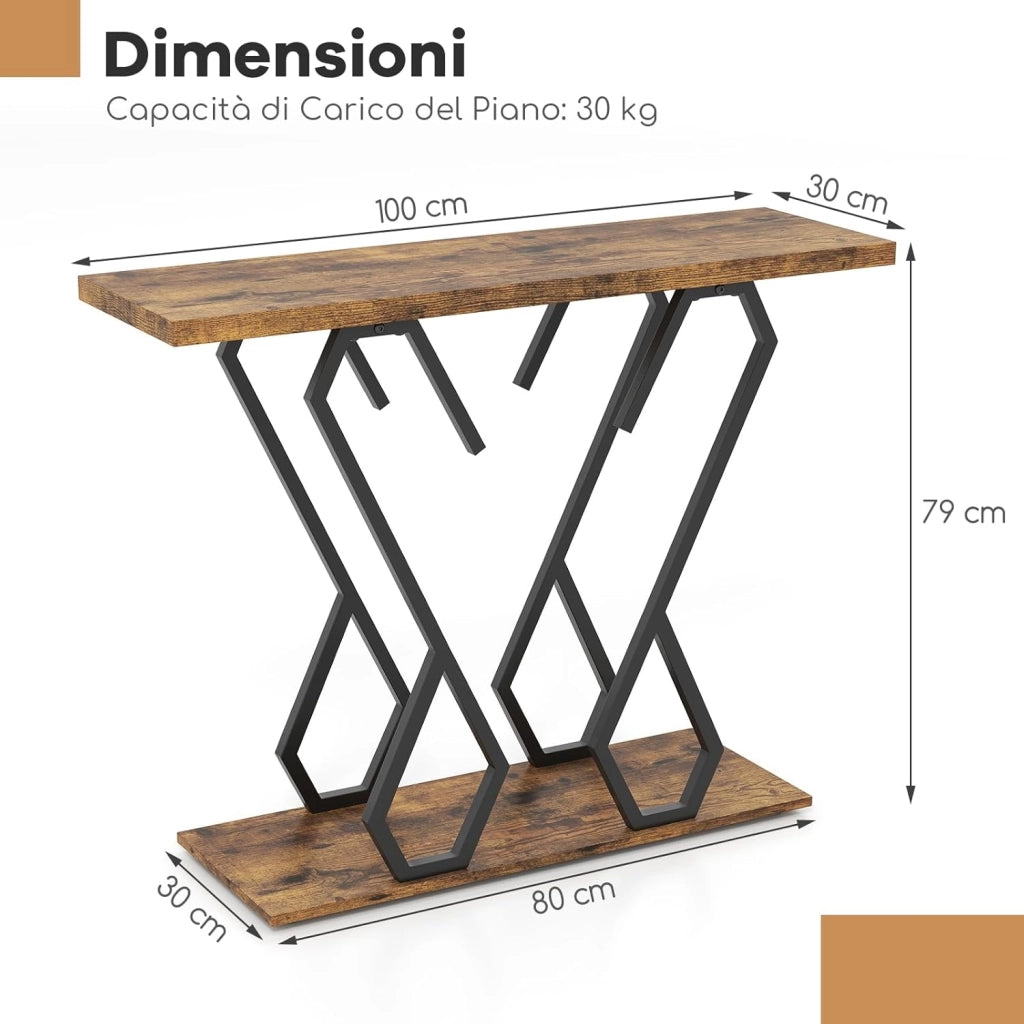 Tavolo Consolle 100cm, Tavolo d'Ingresso con Piedini Regolabili, Kit Antiribaltamento e Struttura in Metallo, Tavolino da Divano per Soggiorno, Ingresso e Corridoio (Marrone e Nero)