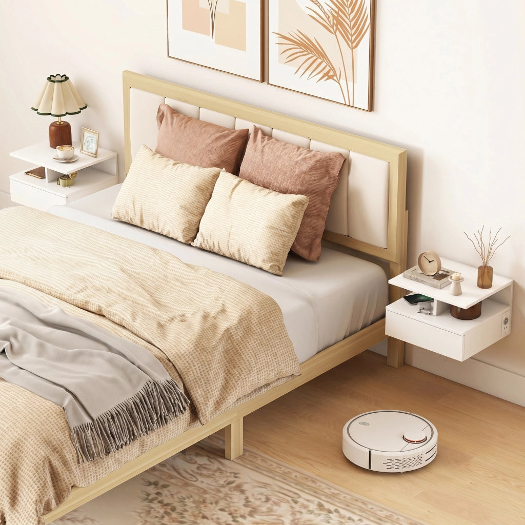 Set di 2 Comodini Sospesi Camera da Letto con Ricarica USB e Type-C, 40x35x30 cm, Bianco