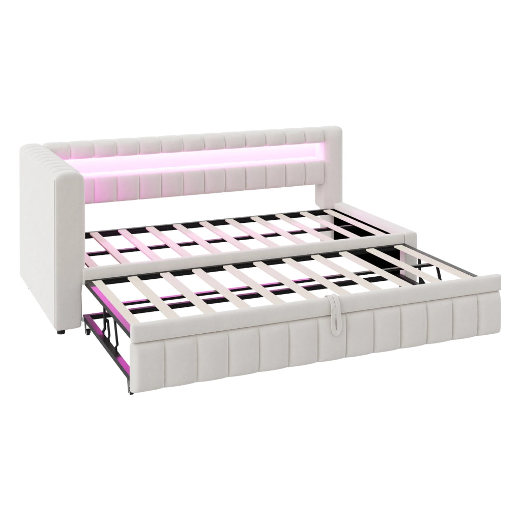 Divano letto estraibile 90x200 cm con LED, USB e vani integrati beige