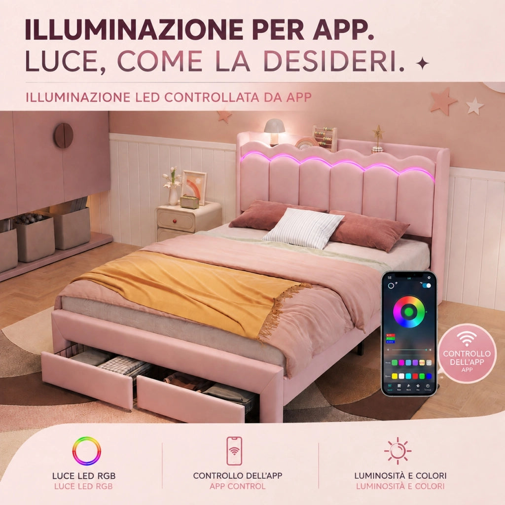Letto imbottito rosa 140x200 cm con due cassetti e LED; velluto