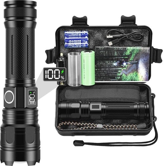 Lampada Portatile LED 20.000 Lumen - Lampada Tattica Acquatica con Batteria 5000 mAh, Funzione di Zoom e 5 Modalità di Luce