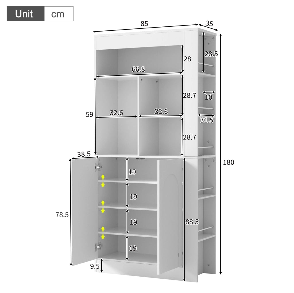 Mobile alto ULEVR 85x35x180 cm con 2 ante, ripiani aperti e ripiani laterali, bianco
