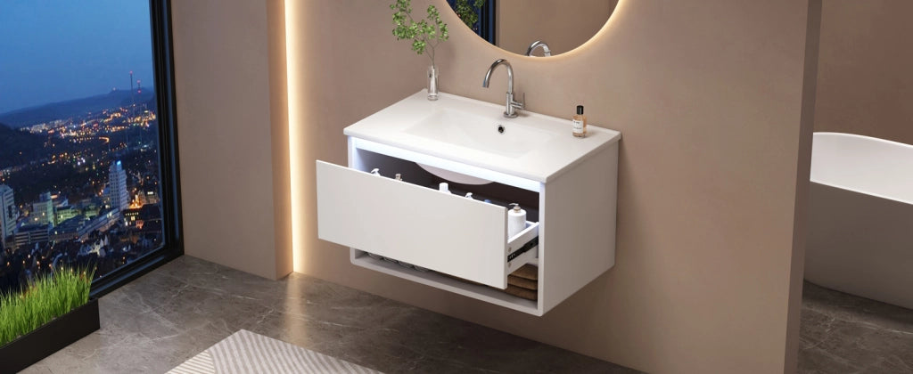 Mobile sottolavabo con LED, 1 cassetto e vano aperto, lavandino in ceramica, per bagno, bianco, 76.5 × 46 × 45 cm