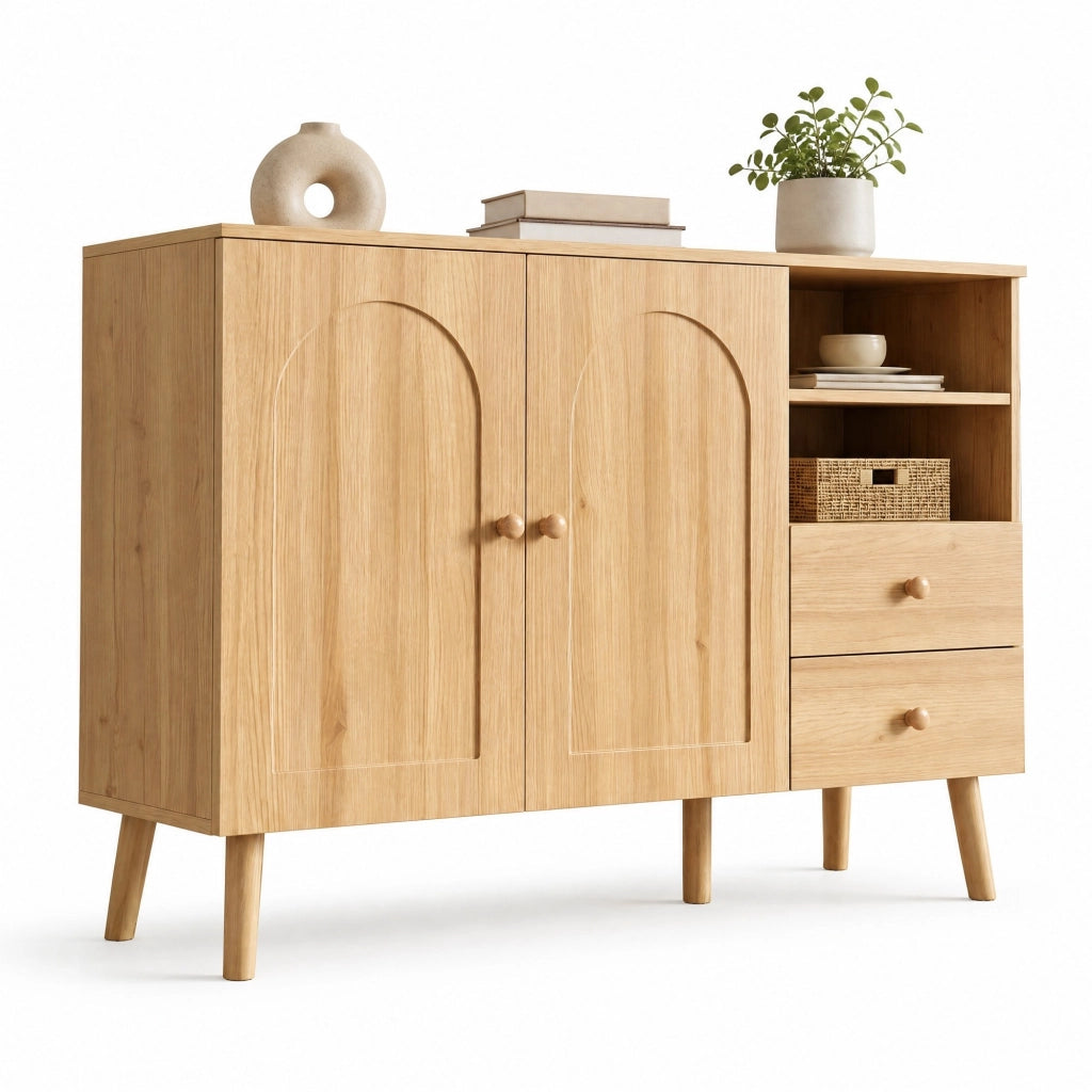 Credenza sideboard con ante bombate, 2 cassetti e vani aperti, colore naturale