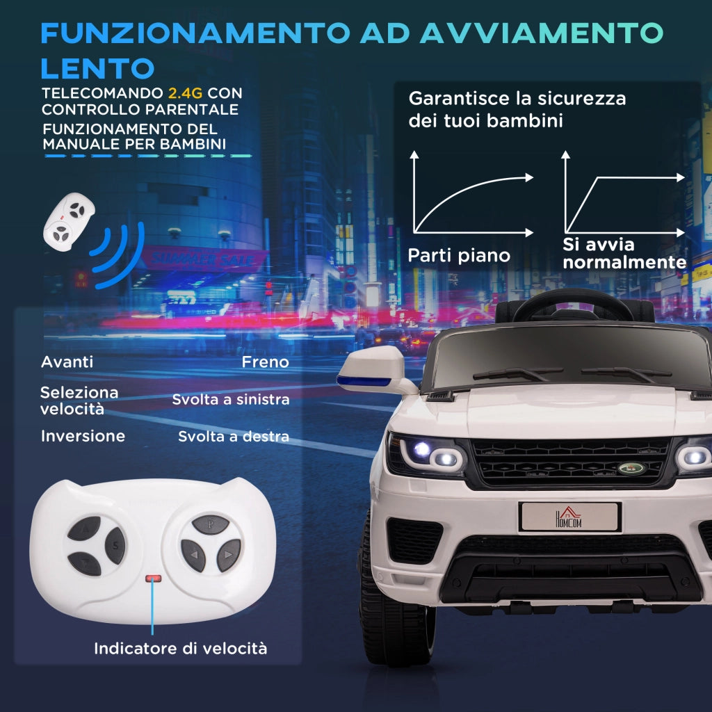 Macchina Elettrica per Bambini 3-6 Anni con Telecomando, Luci LED e Clacson, in PP e Metallo, 110x68x52 cm, Bianco