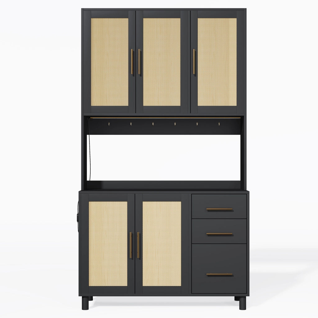 Mobile Dispensa 100x40x183 cm Nero con LED App; 2 Prese; 2 USB; 3 Cassetti e Ante Effetto Rattan