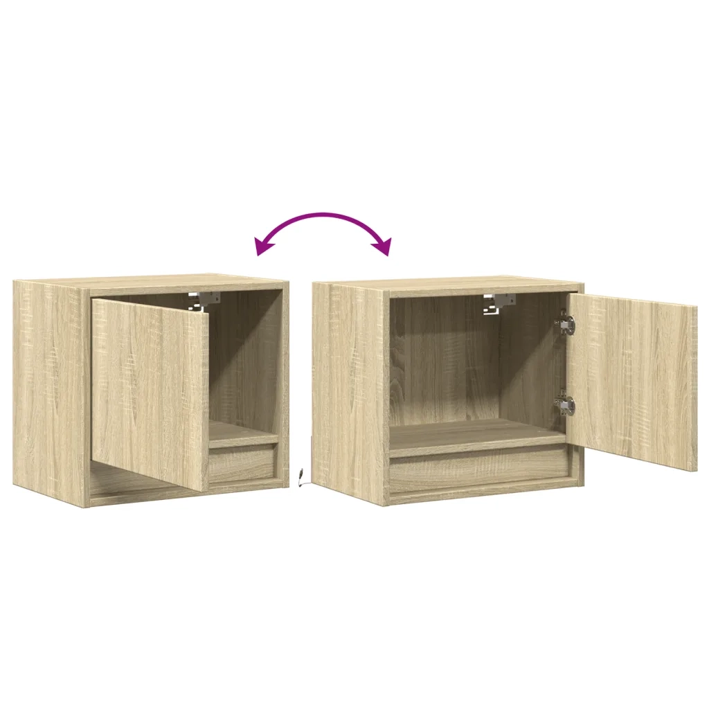 Set di 2 Comodini | Armadio da Notte | Mobiletto da notte a Parete con luci LED Rovere Sonoma
