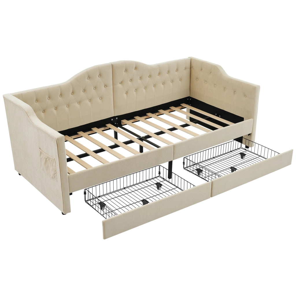 OKWISH Letto Banquette 90×200 cm, Letto Singolo con USB, Tipo C, 2 Cassetti e Tasche Laterali, senza Materasso, in Velluto, Beige