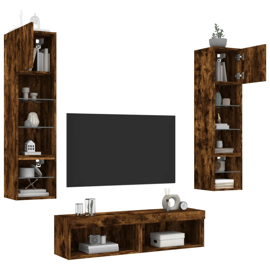Mobili TV a Muro con LED 6pz Rovere Fumo in Legno Multistrato 3216626