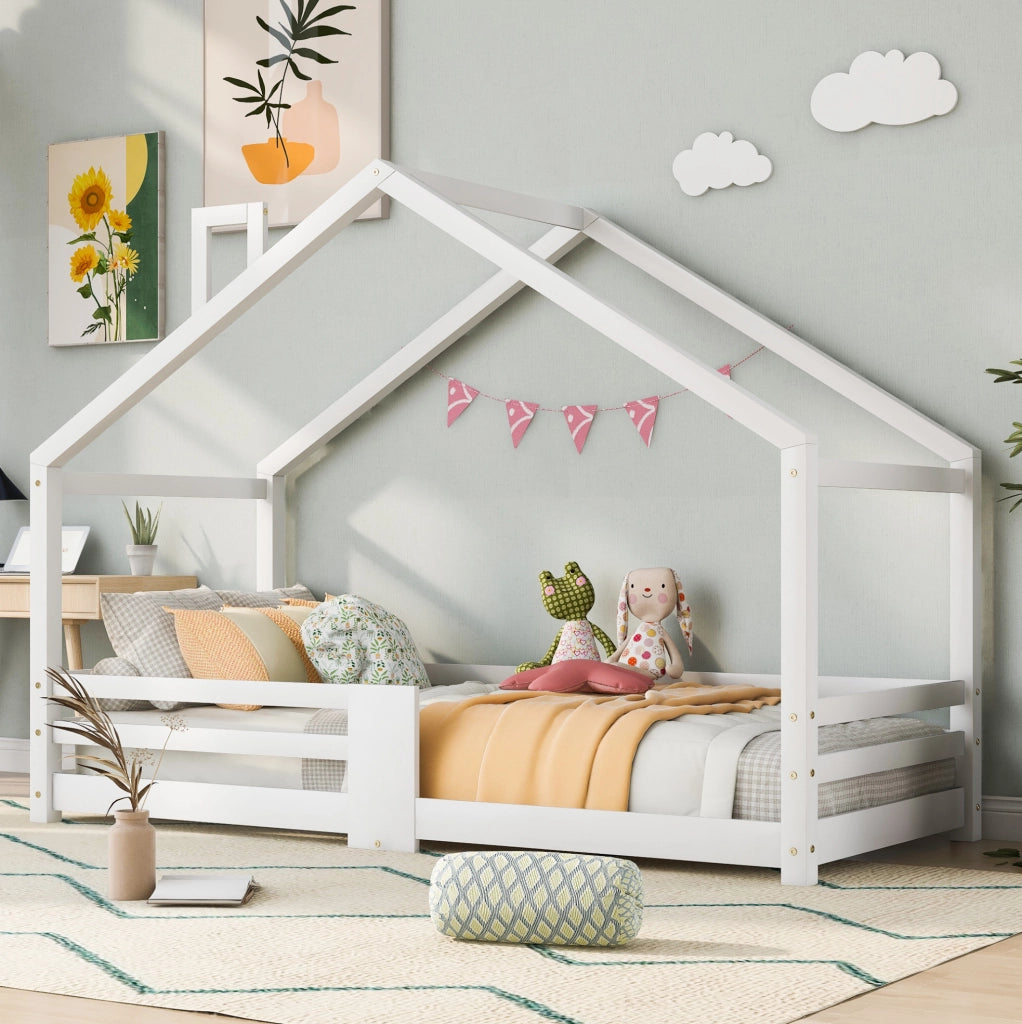 Letto a casetta 90x200 cm con sponda; legno; bianco (Senza materasso)