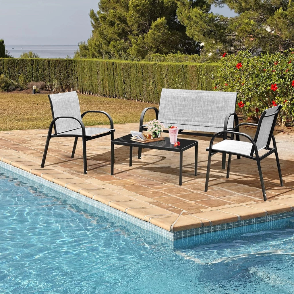 Set di 4 mobili da giardino per 4 persone, set da giardino con 2 sedie e 1 panca e 1 tavolino da caffè, set di mobili da terrazza per piscina, cortile (grigio), QF54737IBDE