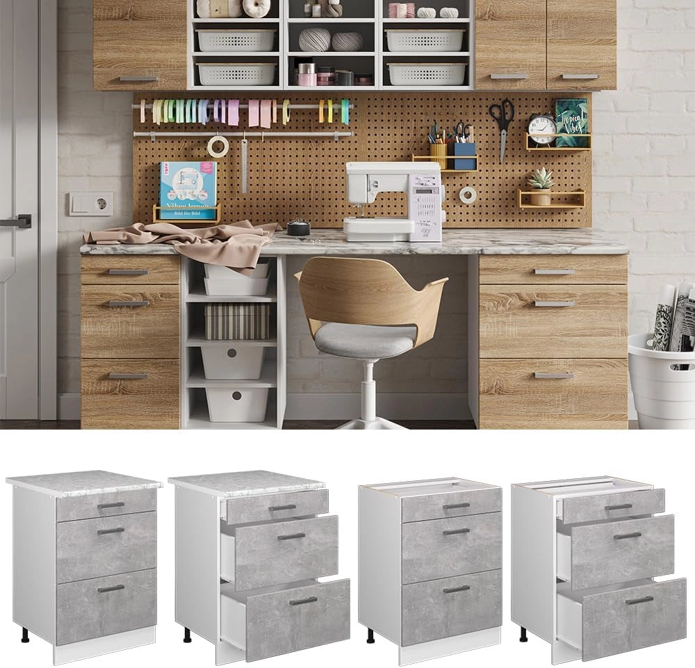 Base universale R-Line, Calcestruzzo, 60 cm con cassetti, senza piano di lavoro, adatto per la conservazione di accessori per la pulizia e per la casa