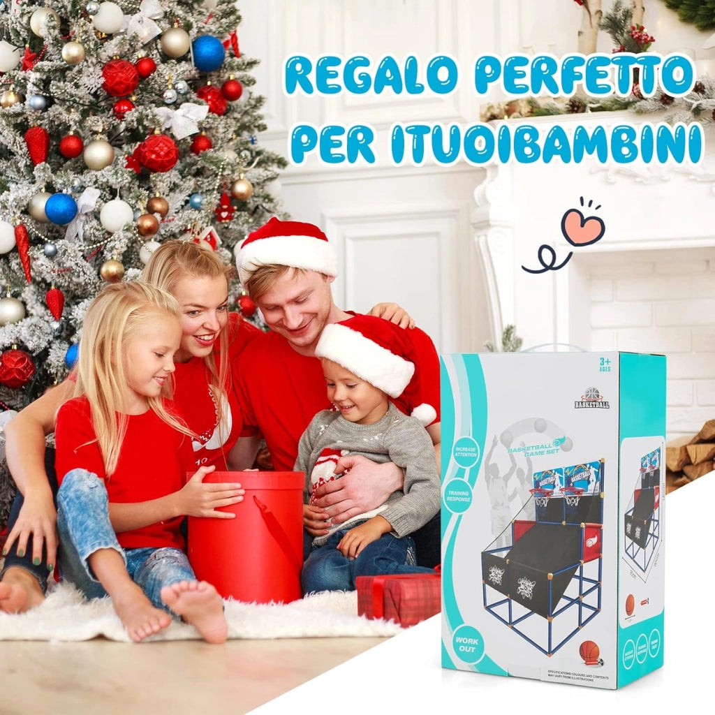 Canestro Basket da Camera per Bambini, Gioco Pallacanestro a Doppio Tiro con 4 Palline e Pompa di Gonfiaggio, Ideale per Sala Giochi e Cortile e Cameretta, 90 x 90 x 140 cm