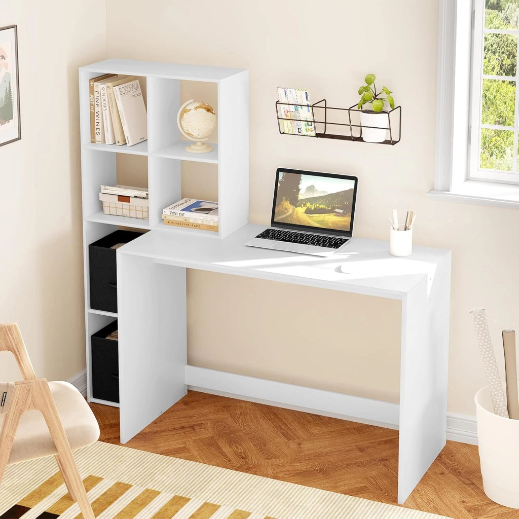 Scrivania Ufficio Compatta con Libreria Integrata, Bianco Lucido, Design Salvaspazio per Studio/Camera, 140x50x134 cm