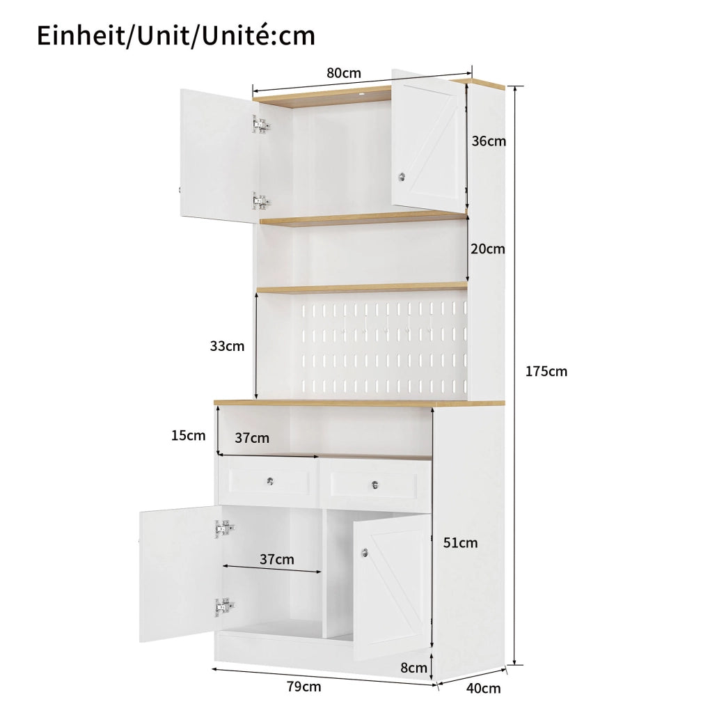 Sideboard 80x40x175 cm con pannello forato e ante stile fienile in MDF e pannelli di particelle bianco e naturale