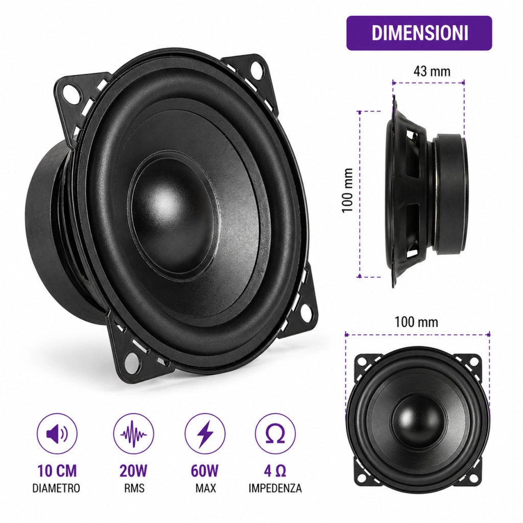 CASSA AUTO ALTOPARLANTE 10 CM 20W RMS 60W MAX SPEAKER AUDIO UNIVERSALE CTC-407