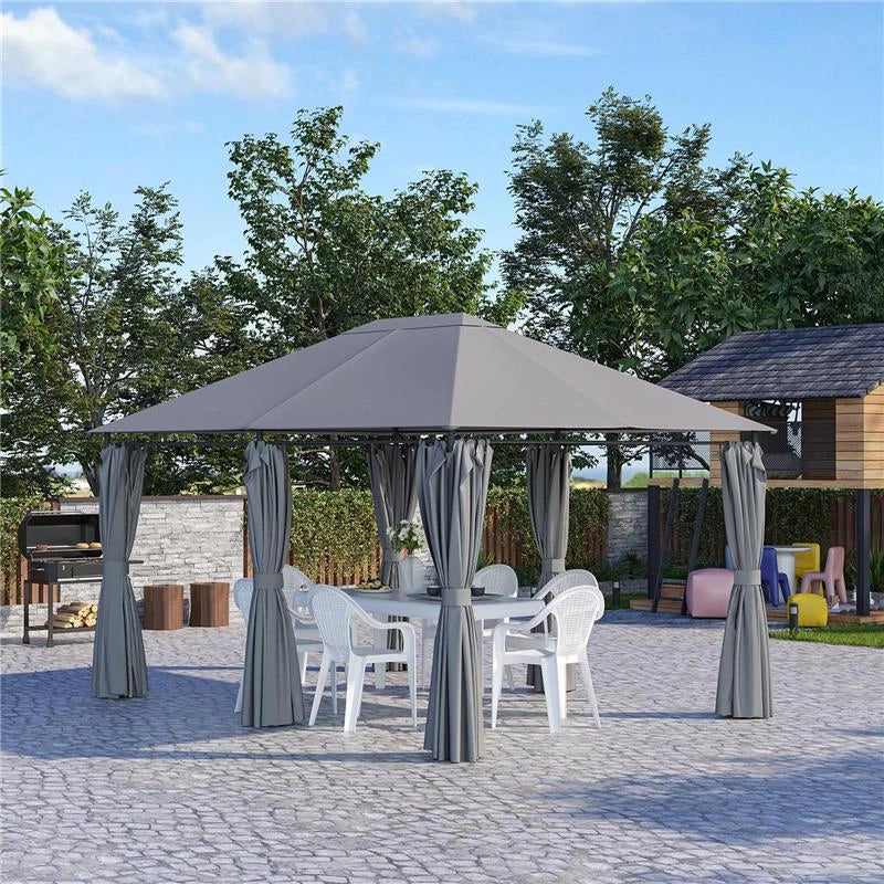 GAZEBO 3X4 M CON 6 PARETI RIMOVIBILI, 8 FORI DI DRENAGGIO E 12 PICCHETTI, IN ACCIAIO E POLIESTERE, GRIGIO E NERO