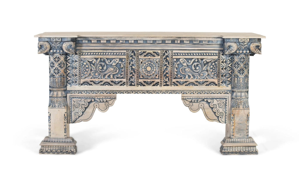 Consolle in legno di mango con colonne intagliate a mano