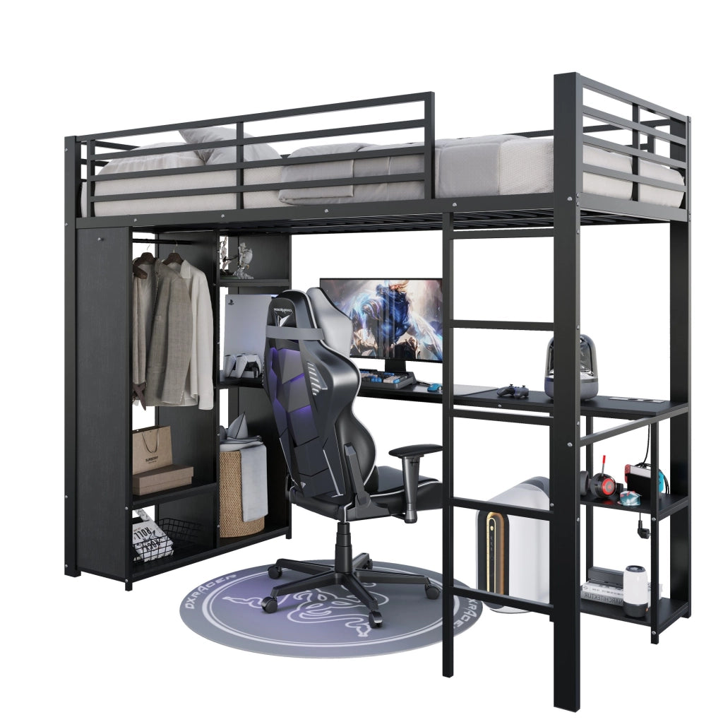 Letto a soppalco 90x200 cm in metallo e MDF nero con scrivania; LED e scaffali