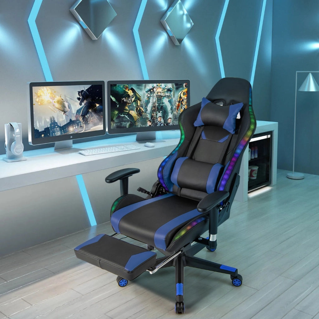 Sedia da gioco con luci RGB LED altezza regolabile poggiapiedi estraibile, Sedia da ufficio ergonomica Blu-Sedie gaming
