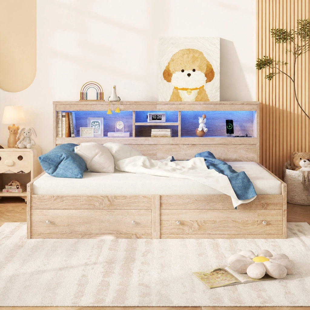 DESMIU Letto a scomparsa 90 × 200 cm 1 posto con 2 cassetti, USB, LED regolabile e 2 prese, senza materasso, naturale