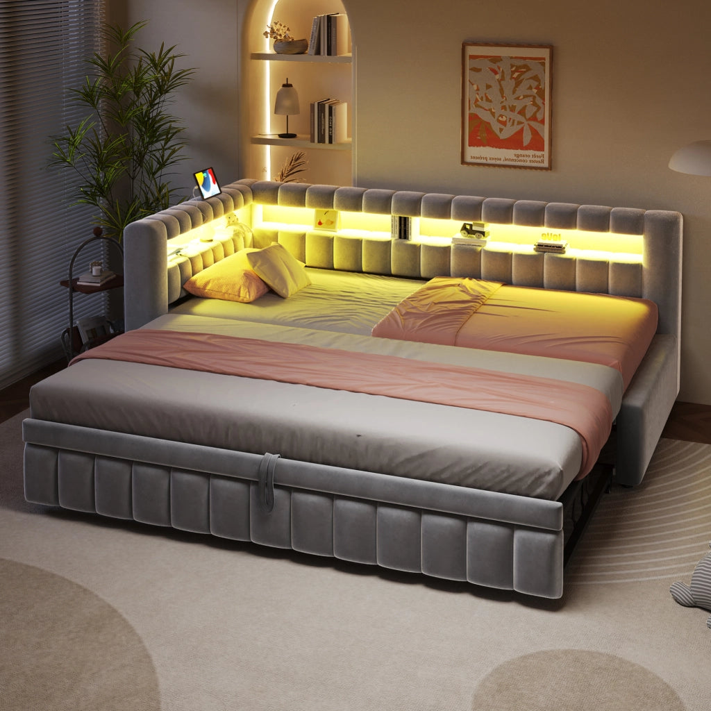 Divano letto estraibile 90x200 cm con LED, USB e vano portaoggetti