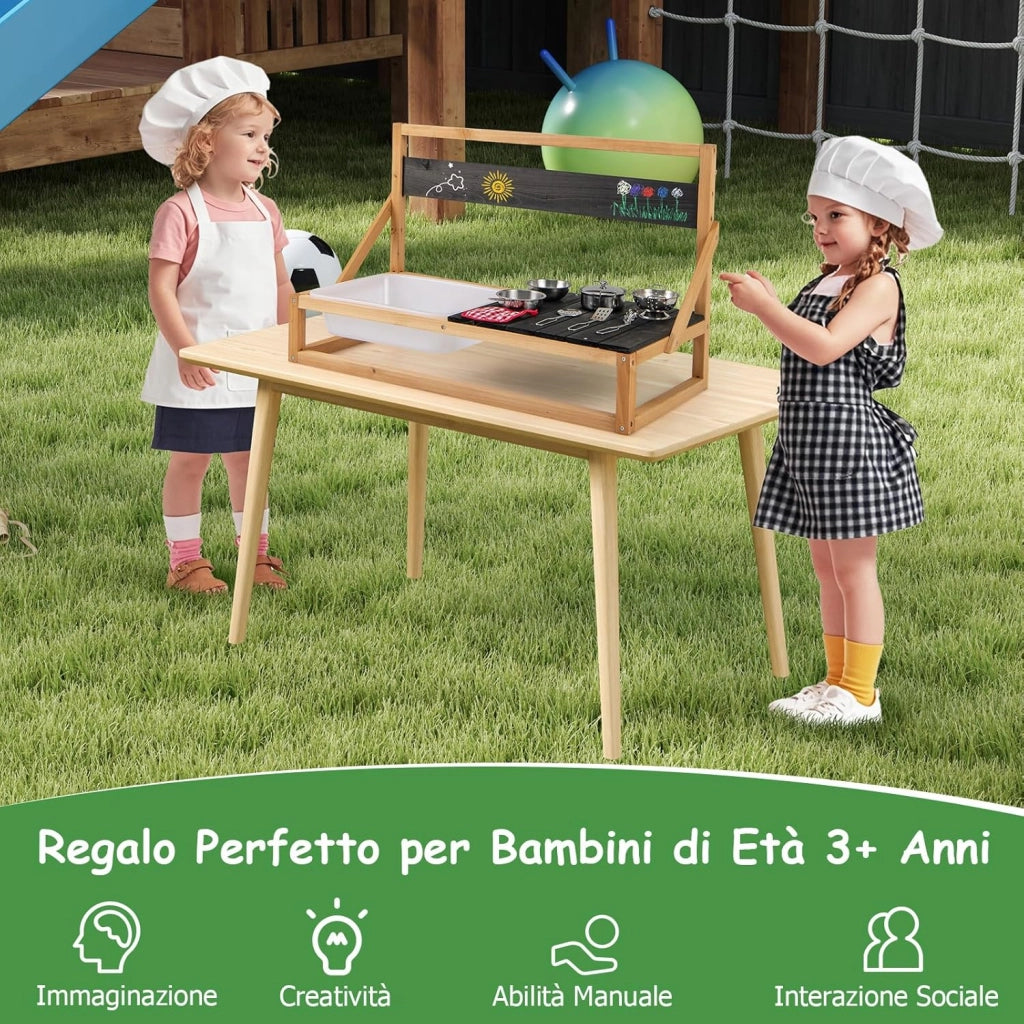Cucina Giocattolo per Giardino in Legno di Abete, Cucina per Fango da Esterno per Bambini con Ganci, Lavagna e Lavandino, Set Cucina con 9 Accessori, 81 x 36 x 49 cm, per Bambini 3+ Anni