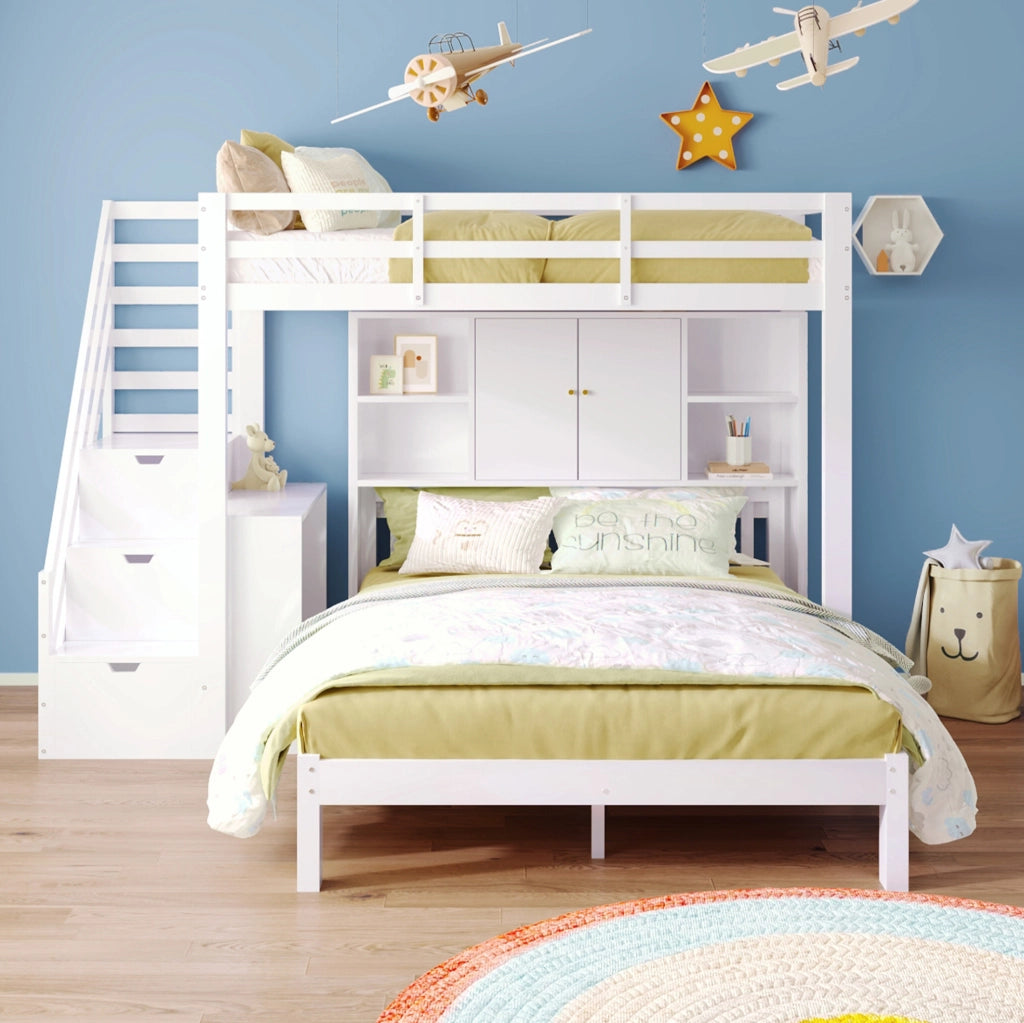 Letto a castello con scala contenitore; 90x200 cm + 140x200 cm; legno massello e MDF; bianco